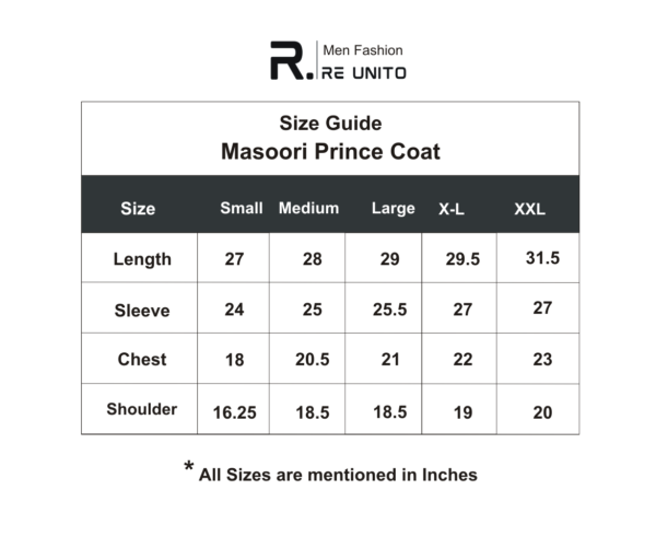 Masoori Prince Coat Size Chart