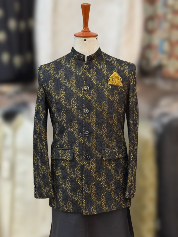 Premium Stylish Golden Black Prince Coat - Image 4