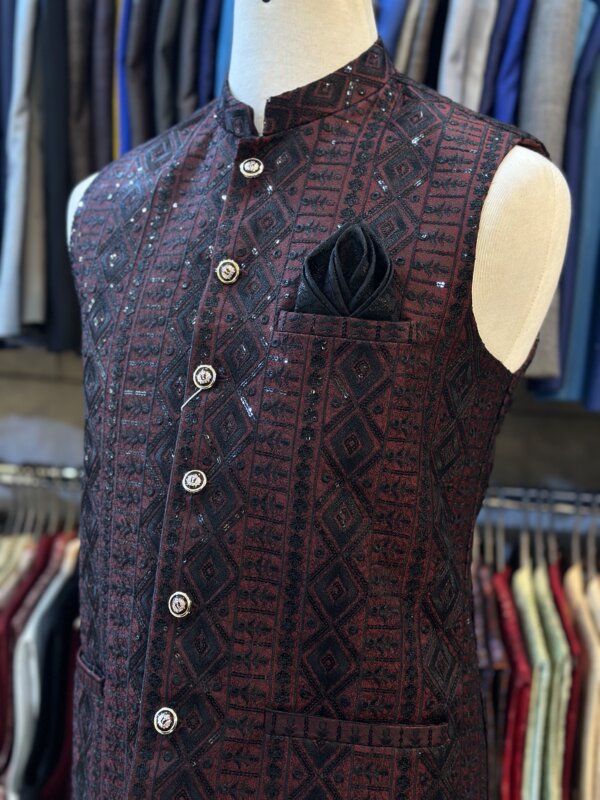 Masoori Waistcoat Mehroon Black Color - Image 4